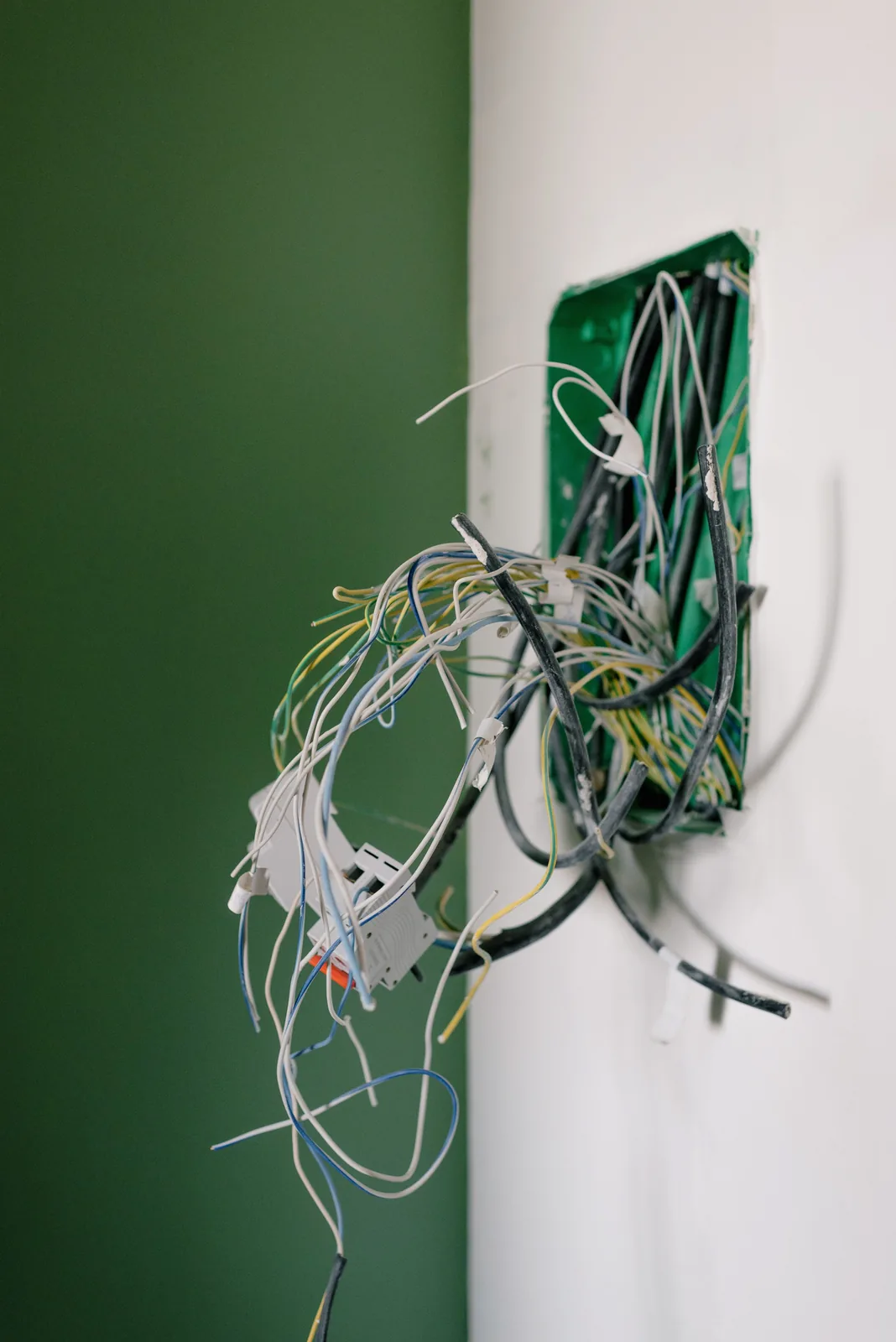 Old wiring spilling out of a junction box, for electrician in Abbotsford
