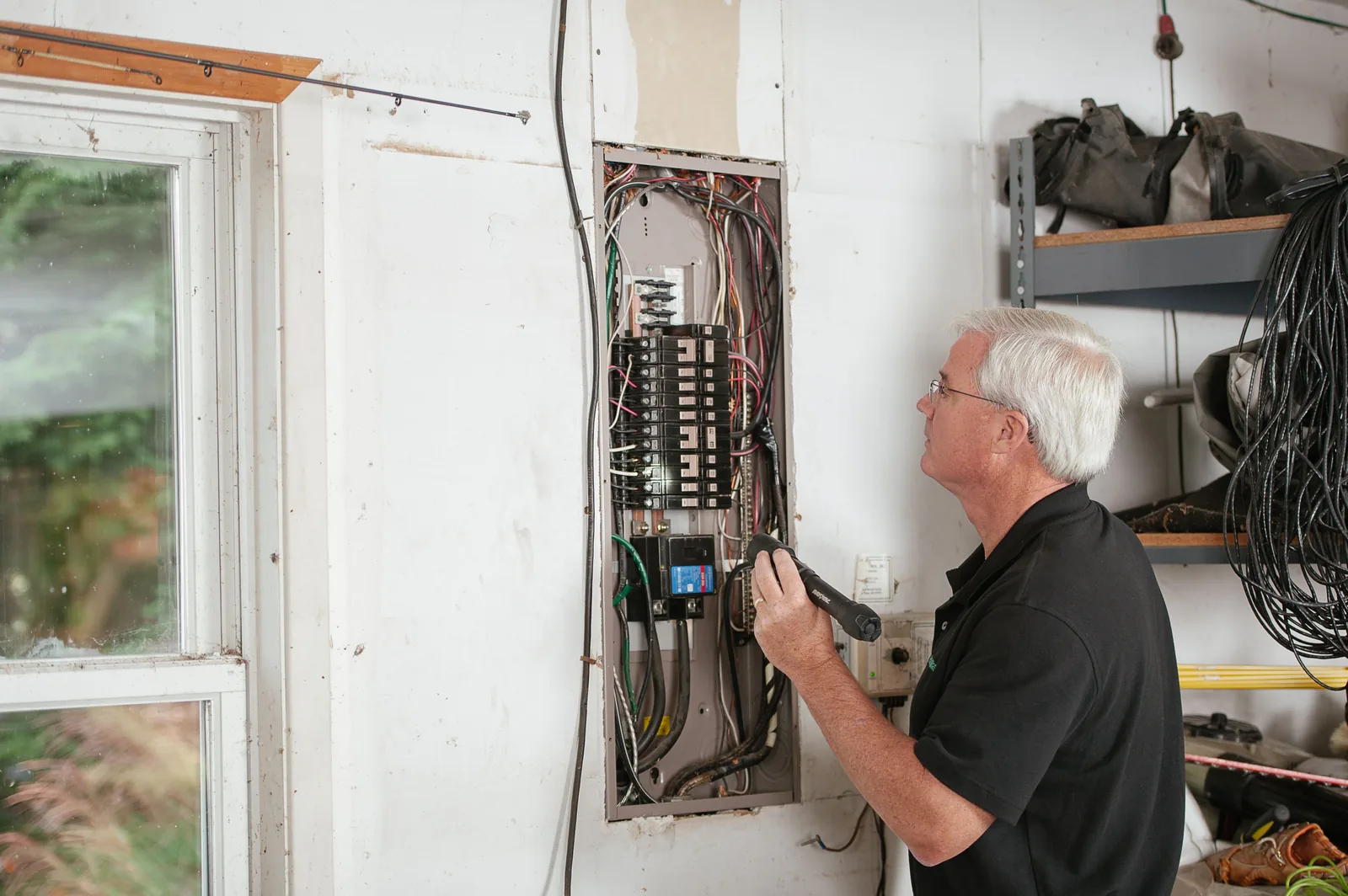 An electrician checking an open residential panel by torchlight, for licensed electrician in Abbotsford